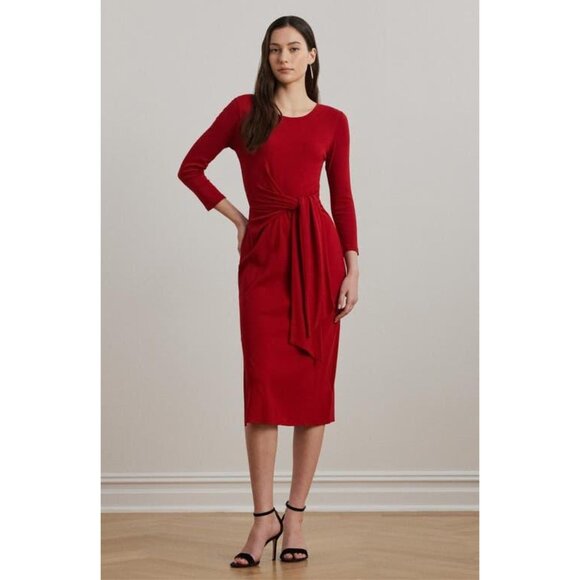 Lauren Ralph Lauren Red Tie Waist Rib Cotton Blend Midi Dress Sz Medium - Picture 1 of 5